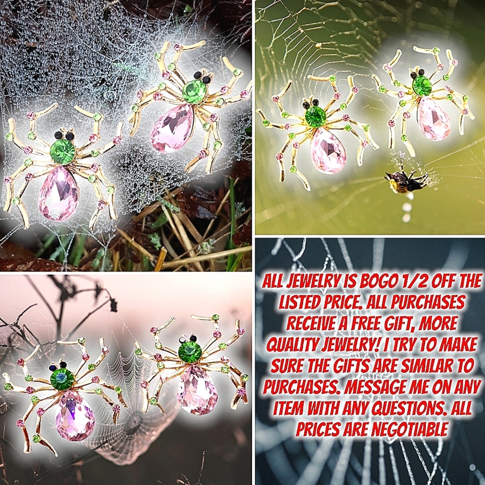 Gold plated pink and green crystal spider earrings With silver post